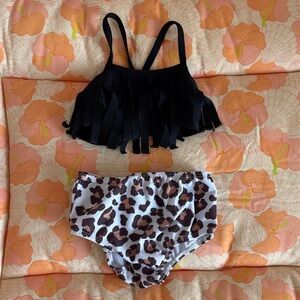 Black Fringe Top and Leopard Print Bottom Set